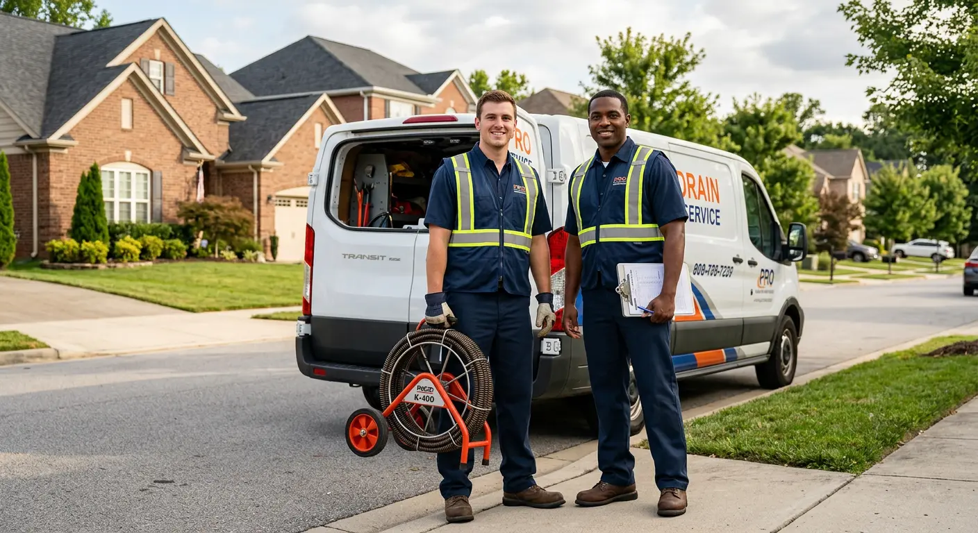 Sewer and drain service team with equipment ready for work in Linden