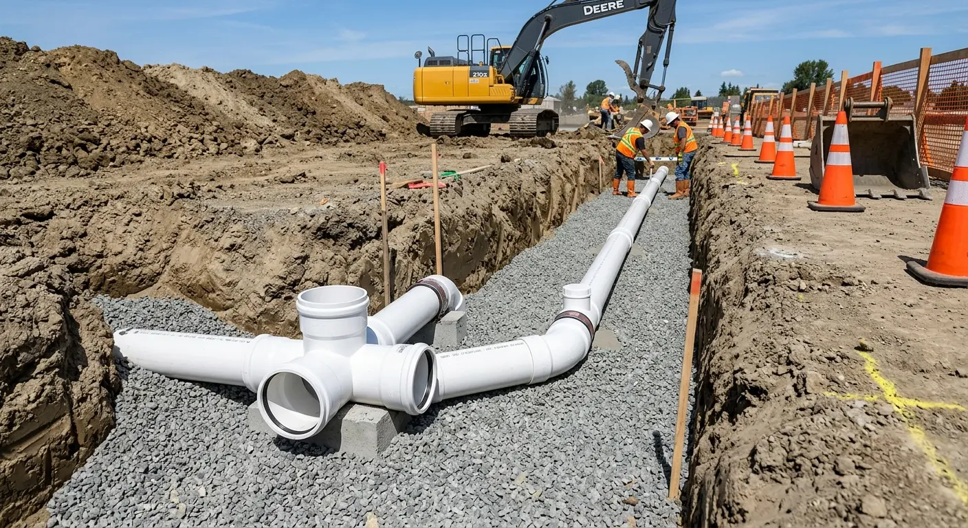 New PVC sewer pipe installation in open trench for Grease Trap Cleaning in Linden