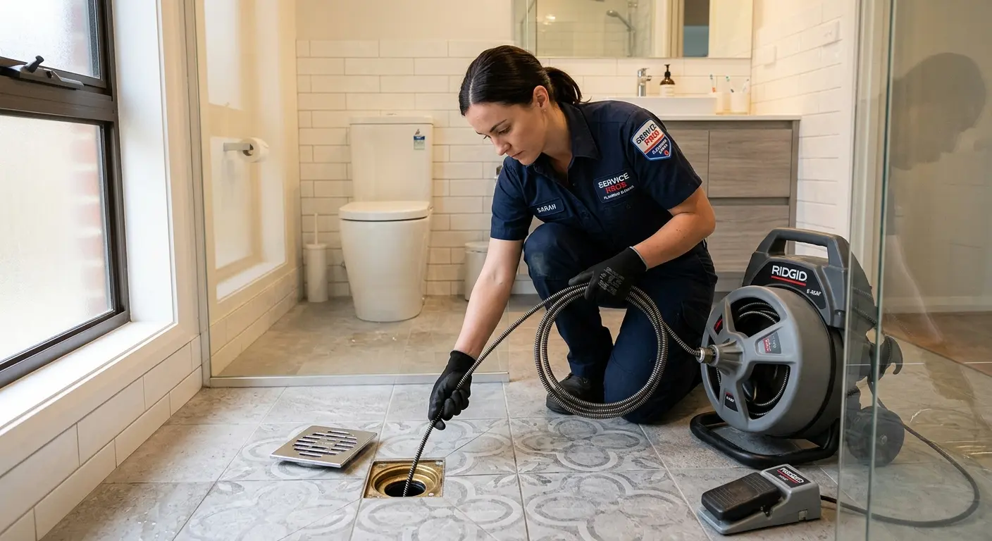Technician clearing a bathroom floor drain for Hydro Jetting in Linden